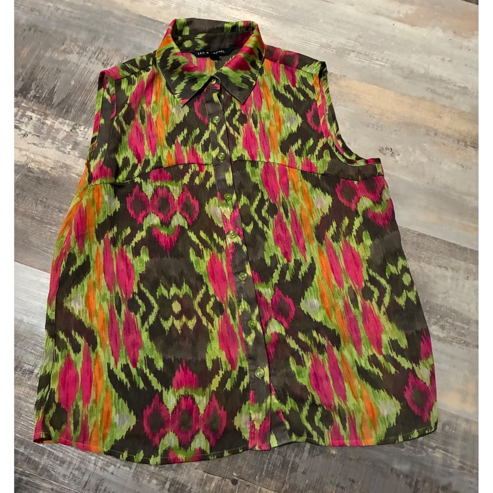 Zac & Rachel Sleeveless Button Down Blouse Pink Green Ikat Print Medium